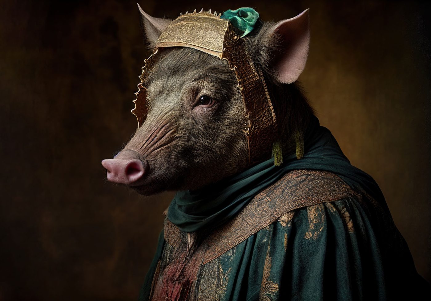 Created with Generative AI technology. portrait of a boar in renaissance clothing as a noble person