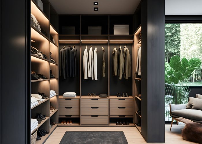 realistic front view of a modern walk-in closet cabinet in warm realistic front view of a modern walk-in closet cabinet in warm